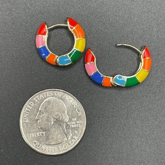 Rainbow Multi-color Enamel Huggie Earrings Medium Hoop #1343 - Picture 4 of 7